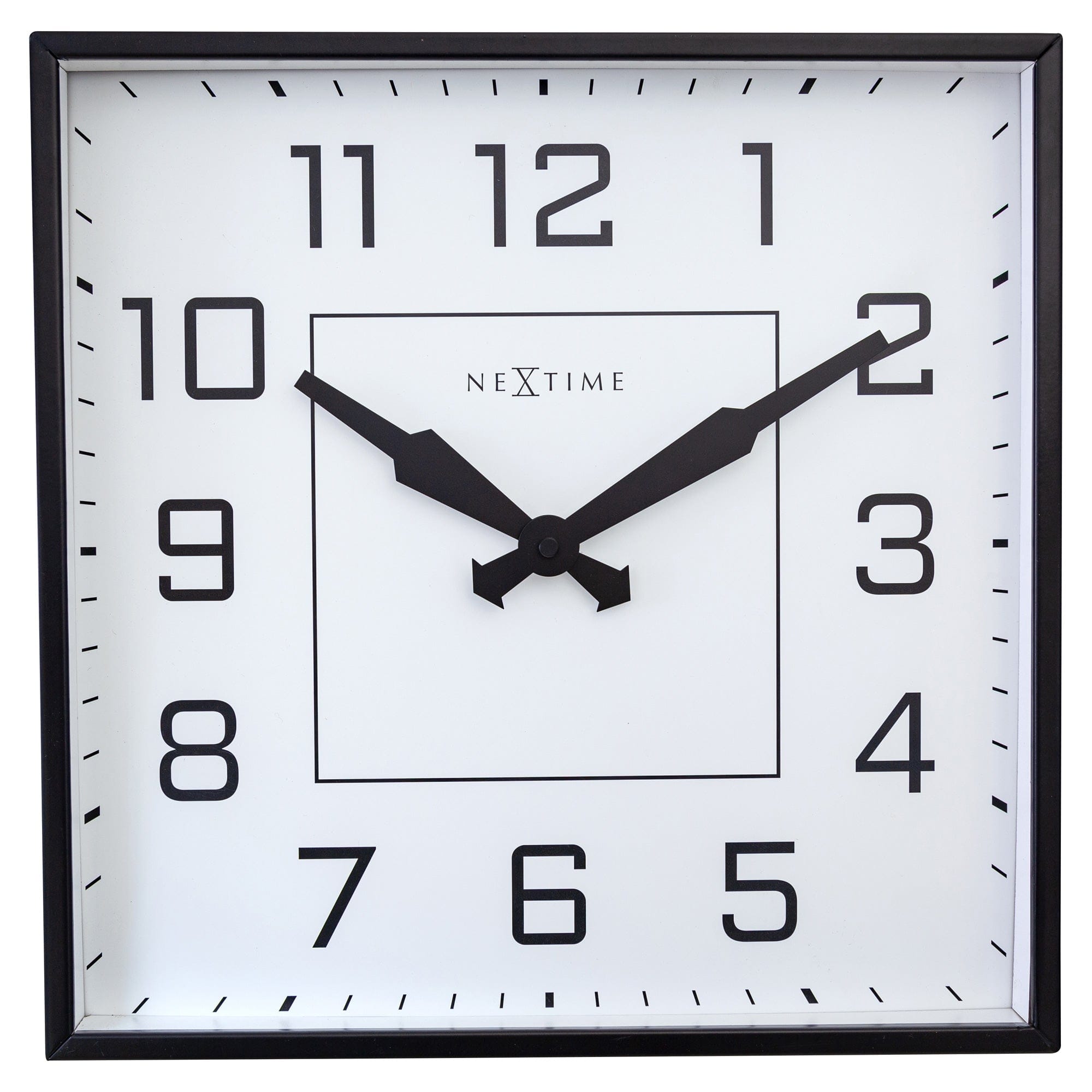 Silent metal wall clock, 35x35cm, Arabic numerals, "Be Square" design by NeXtime Clocks, featuring a modern square shape.
